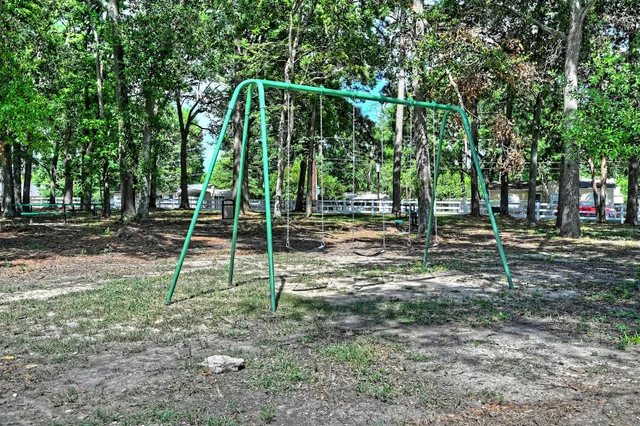 a view of a park with large trees