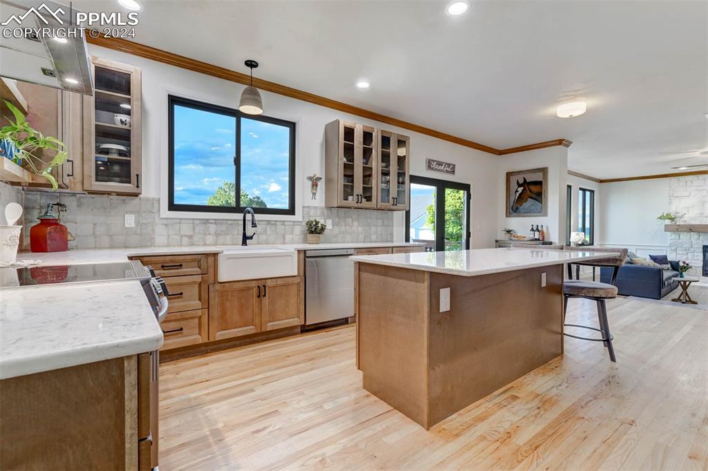 20880 Scott Road Calhan, CO 80808 - Photo 7 of 50 Kitchen featuring hanging light fixtures, light hardwood / wood-style flooring, dishwasher, and plenty of natural light