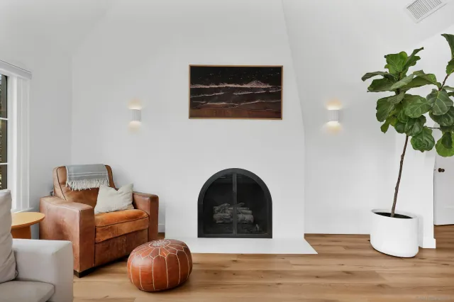a living room with furniture and a potted plant