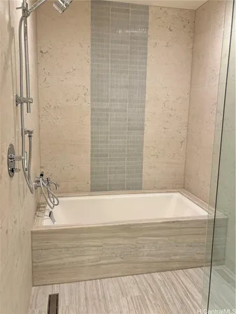 a bathroom with a bathtub and shower