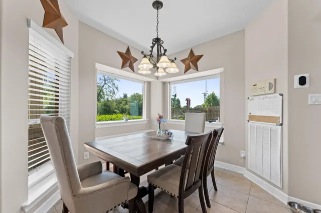 a view of a dining room with furniture window and outside view