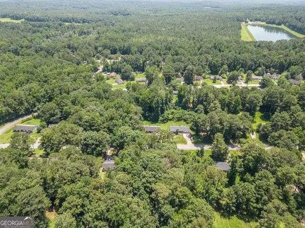 an aerial view of residential houses with outdoor space and trees