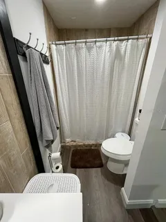 a bathroom with a toilet and a shower