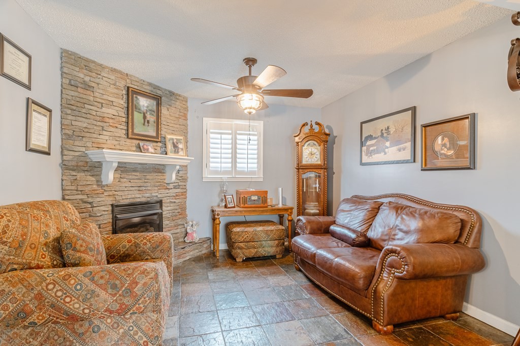 374 Allen Road West Chatsworth, GA 30705 - Photo 5 of 28 a living room with furniture ceiling fan and a fireplace