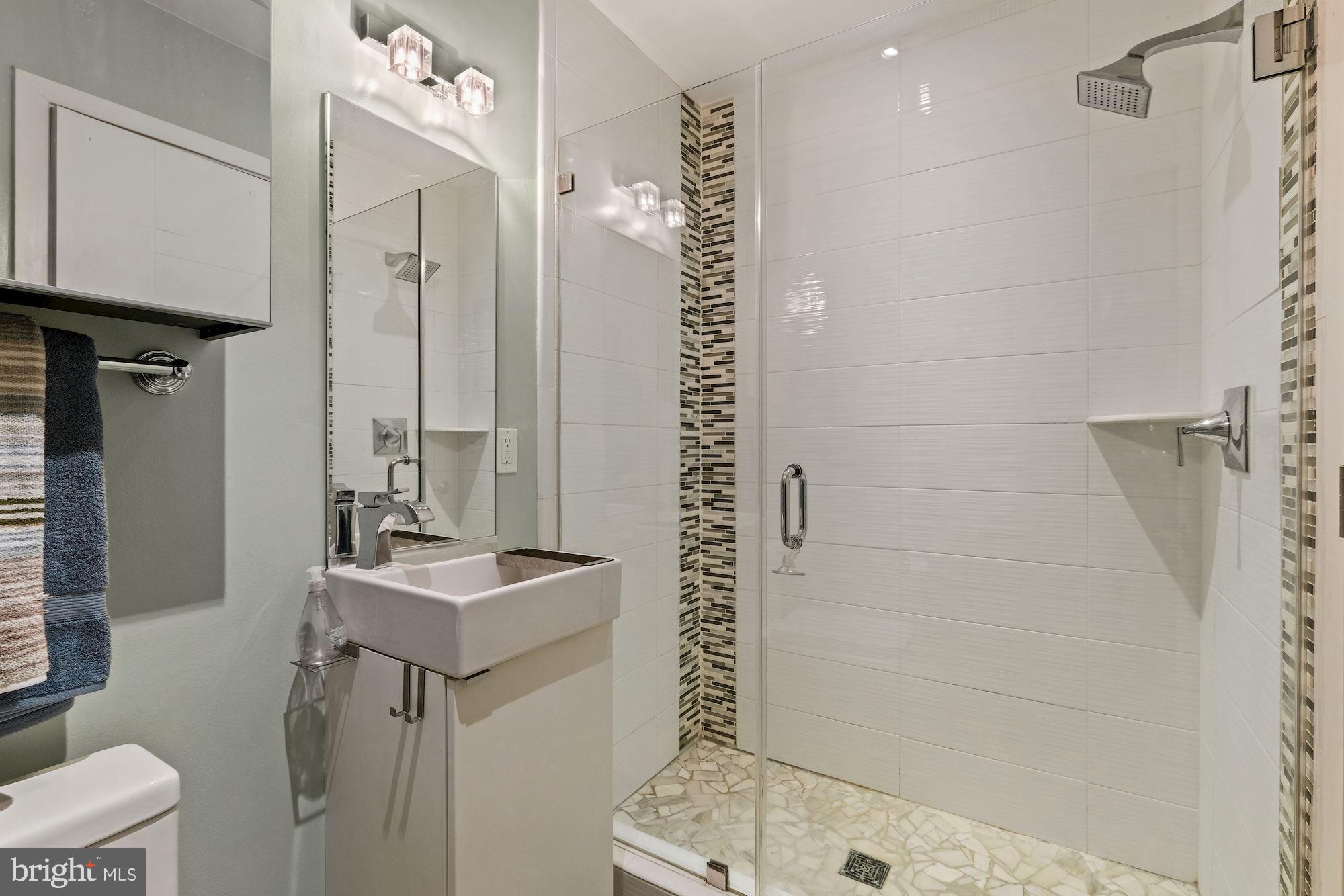 756 Park Road Northwest, Unit 2 Washington, DC 20010 - Photo 19 of 48 a bathroom with a sink a toilet a mirror and shower