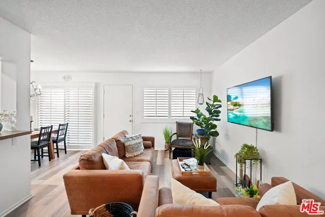 a living room with furniture and a potted plant