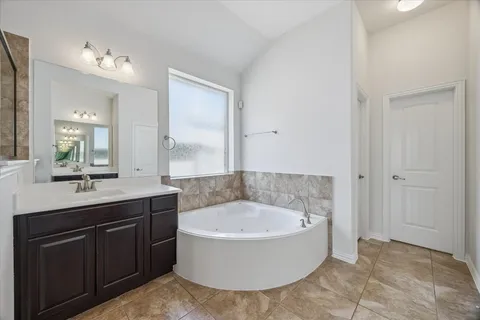 a bathroom with a tub a sink and mirror