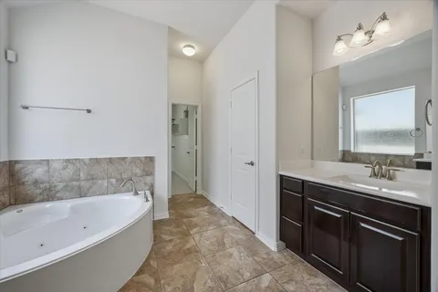 a bathroom with a tub sink and mirror