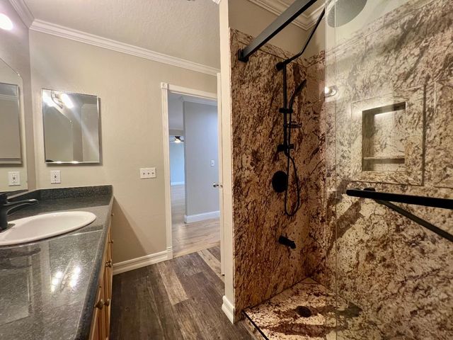 a bathroom with a granite countertop shower a sink and a mirror