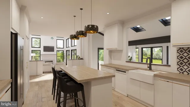 a kitchen with a table chairs refrigerator and cabinets