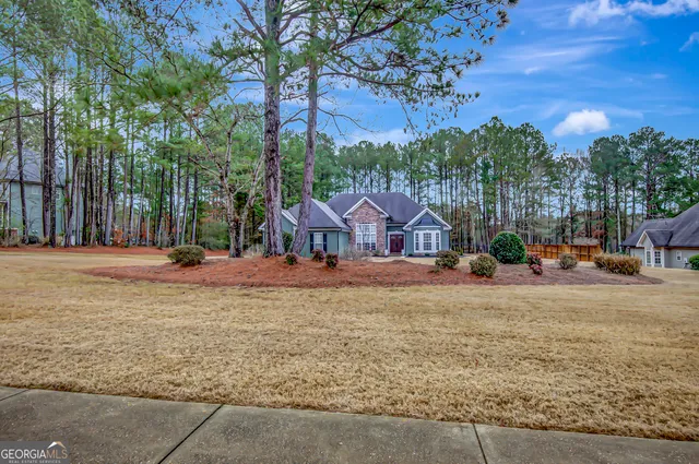 a view of a town with large trees