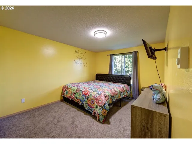 a bedroom with a bed and a flat screen tv
