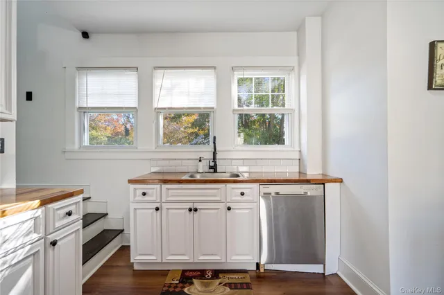 a kitchen with a sink cabinets appliances and a window