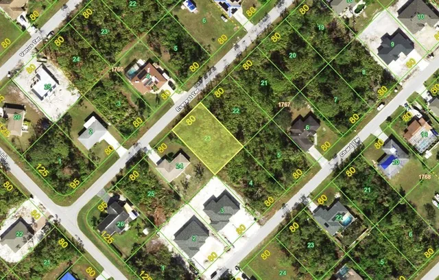 an aerial view of a residential houses with yard