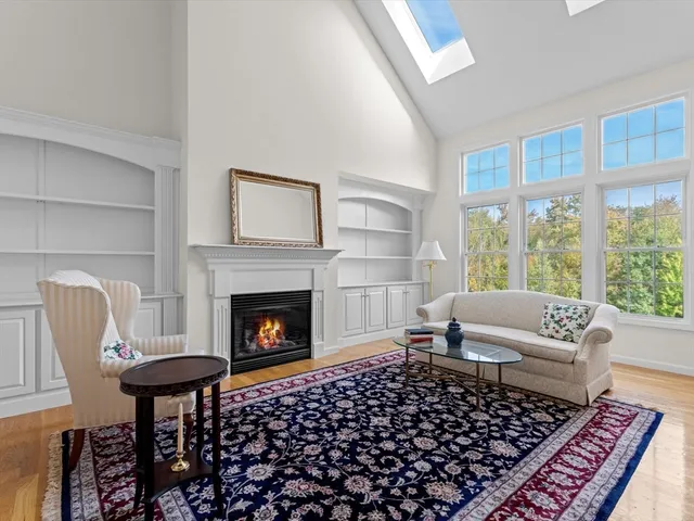 a living room with furniture a rug and a fireplace