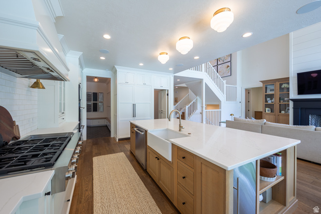 630 East Center Street Alpine, UT 84004 - Photo 19 of 115 Spacious kitchen featuring an expansive central island with a farmhouse sink, white countertops, and wood-finish cabinetry