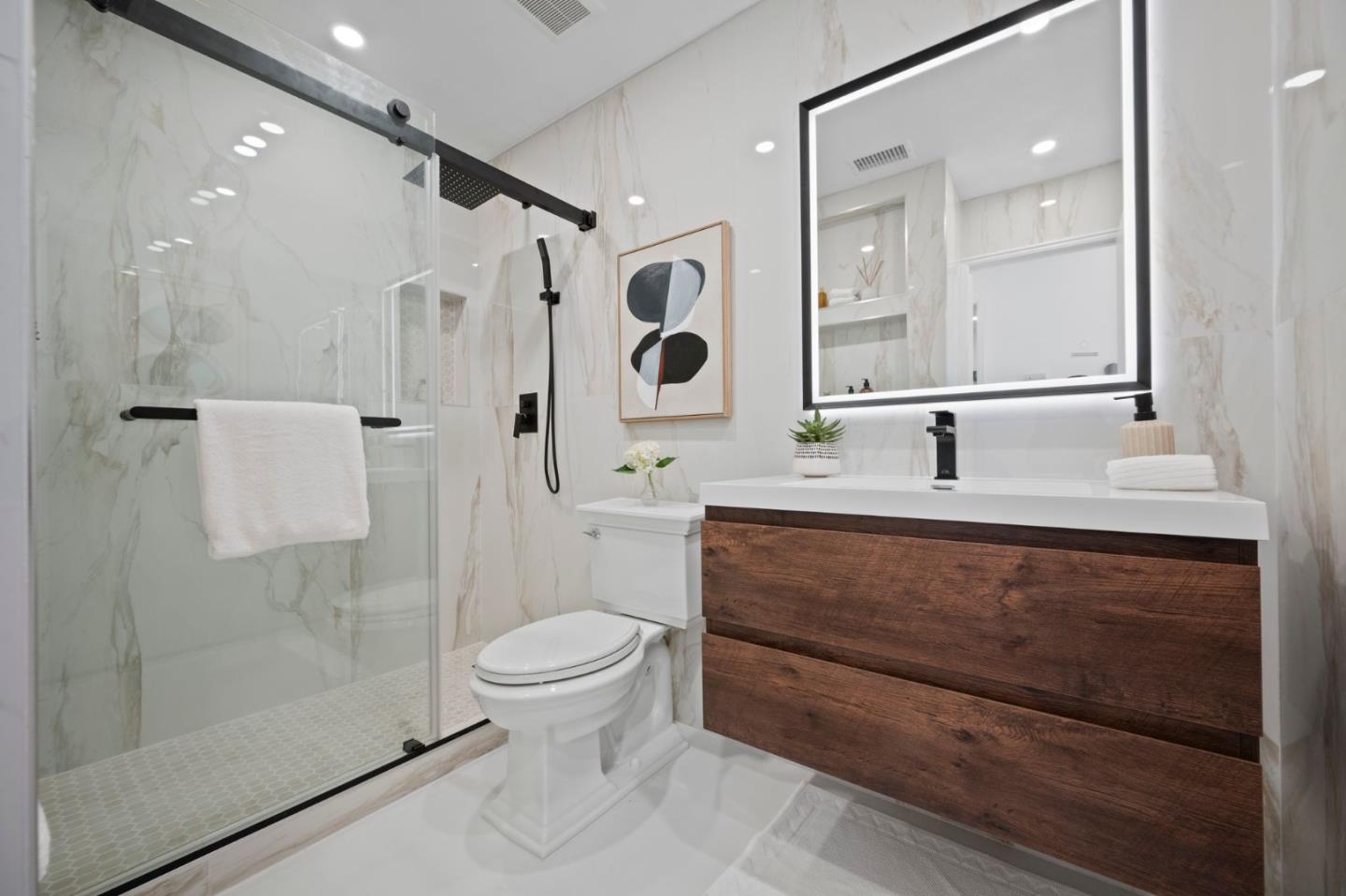 3735 Ruther Pl Way San Jose, CA 95121 - Photo 20 of 38 a bathroom with a sink toilet a mirror and shower