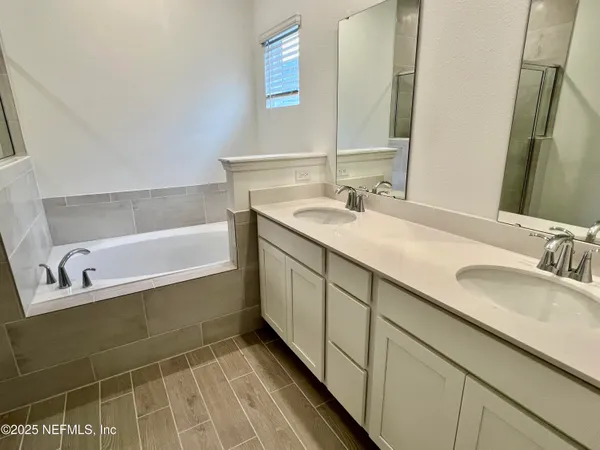 a bathroom with a sink double vanity and a bathtub