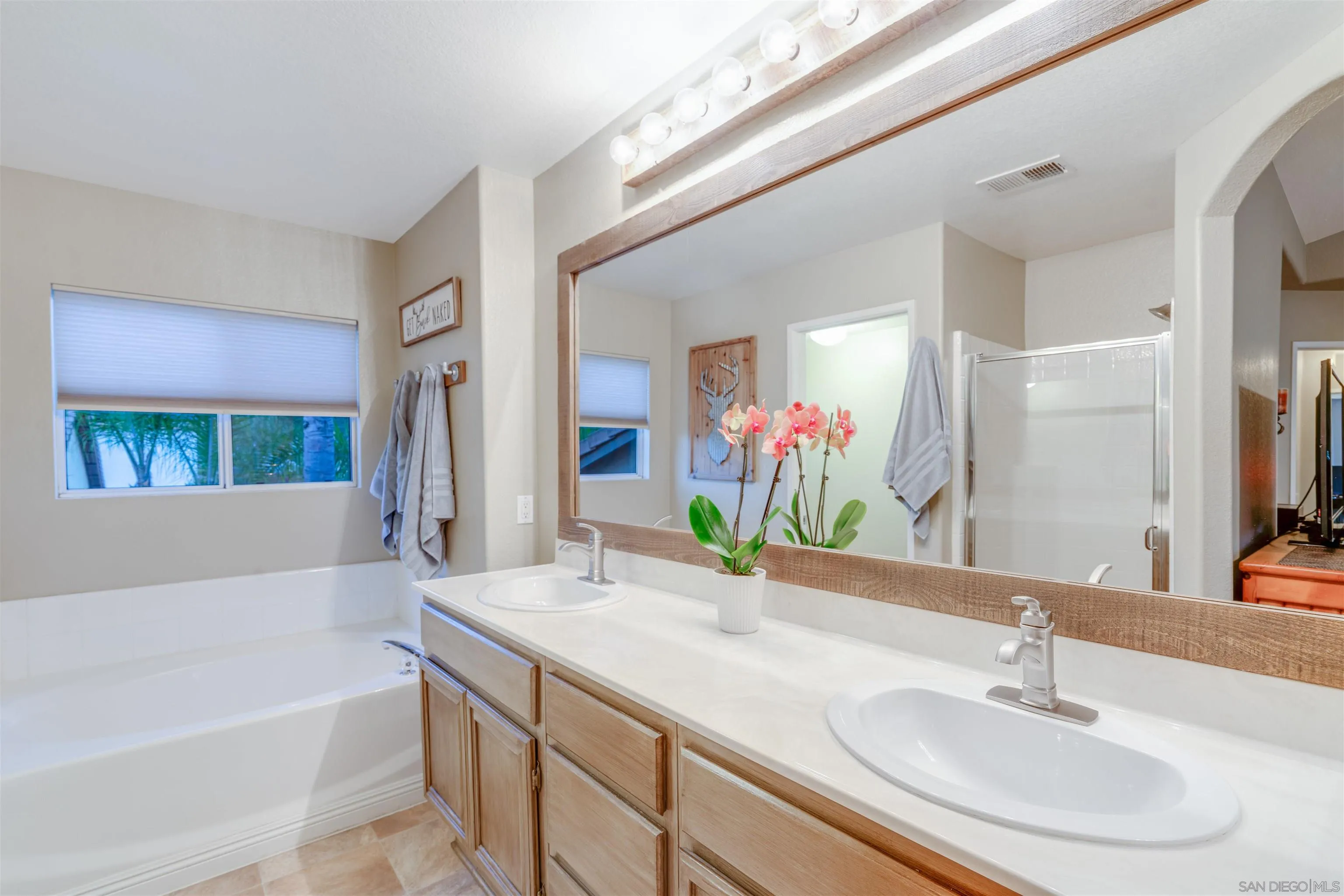 10229 Pinon Place Lakeside, CA 92040 - Photo 29 of 33 a bathroom with a granite countertop sink a large mirror and a bathtub