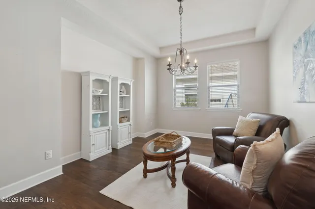 a view of a dining room with furniture