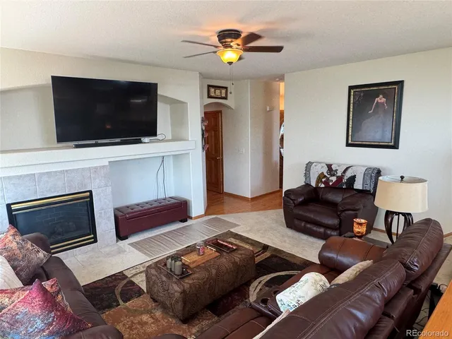 a living room with furniture a flat screen tv and a fireplace