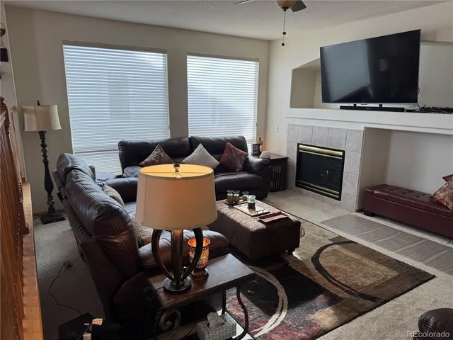 a living room with furniture a flat screen tv and a fireplace