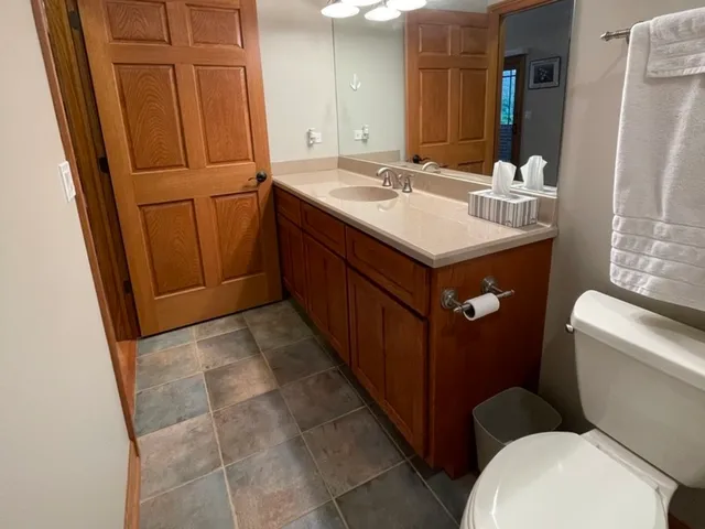 a bathroom with a sink a toilet and mirror