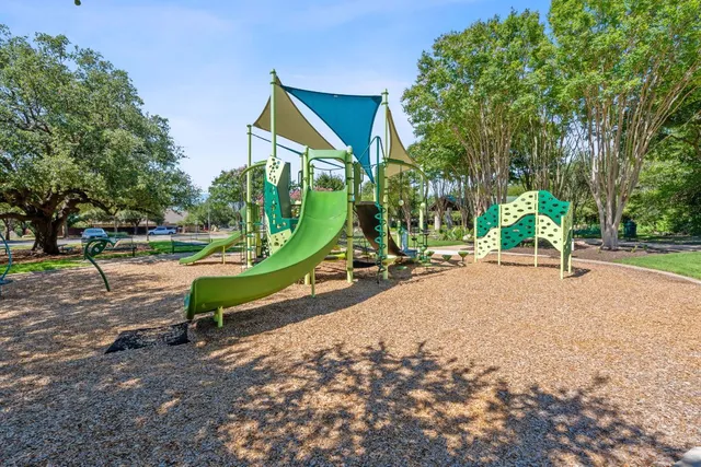 a view of a park with large trees