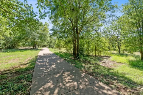a swimming pool with a garden and trees