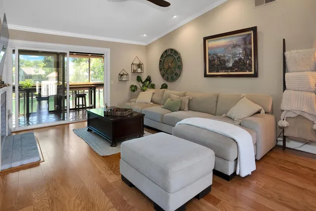 a living room with couches painting on the wall and a large window