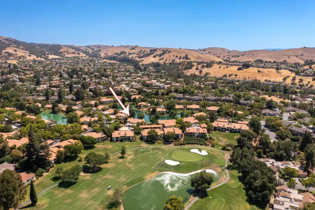 an aerial view of residential houses with outdoor space and trees