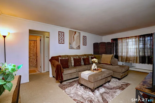 a living room with furniture and a potted plant