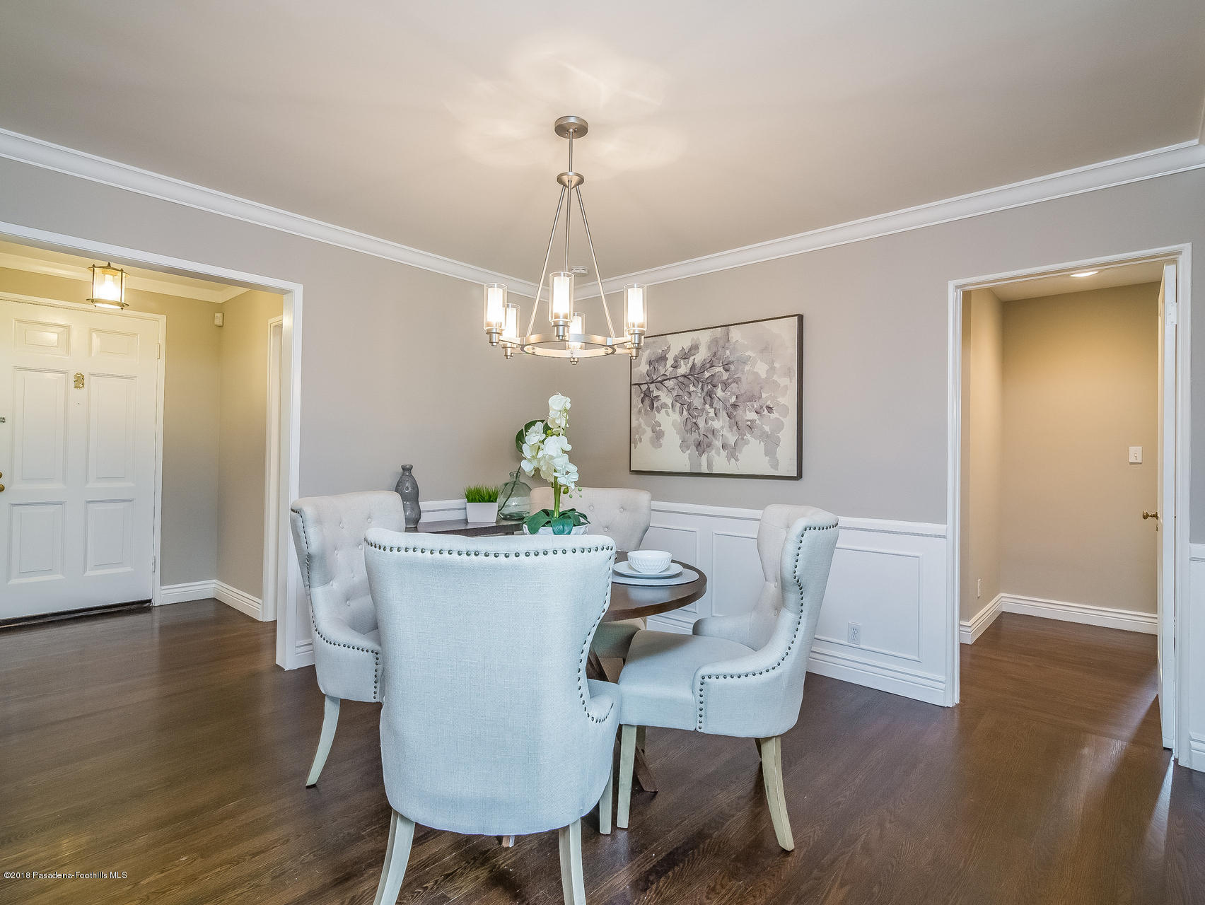 3564 Thorndale Road Pasadena, CA 91107 - Photo 8 of 24 a dining room with furniture a chandelier and wooden floor