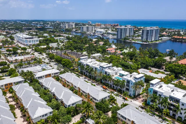 an aerial view of residential houses with city view