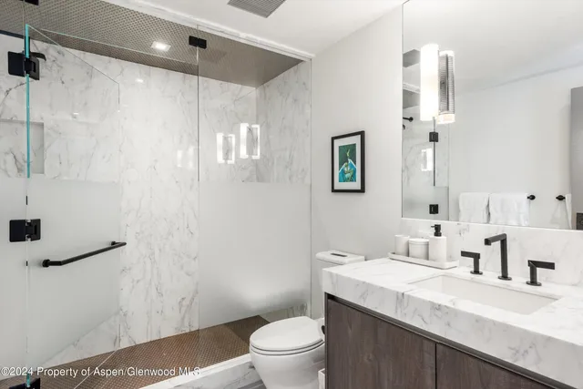 a bathroom with a granite countertop sink a toilet a mirror and shower