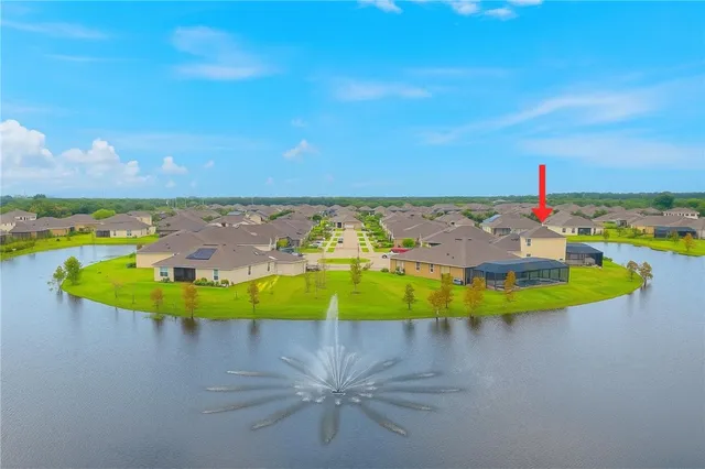 an aerial view of a swimming pool with a yard