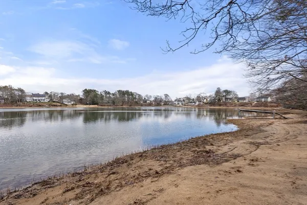 a view of a lake with houses in the background
