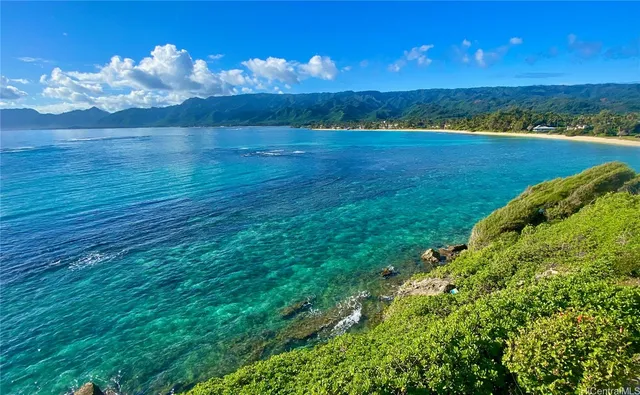 a view of an ocean and a yard