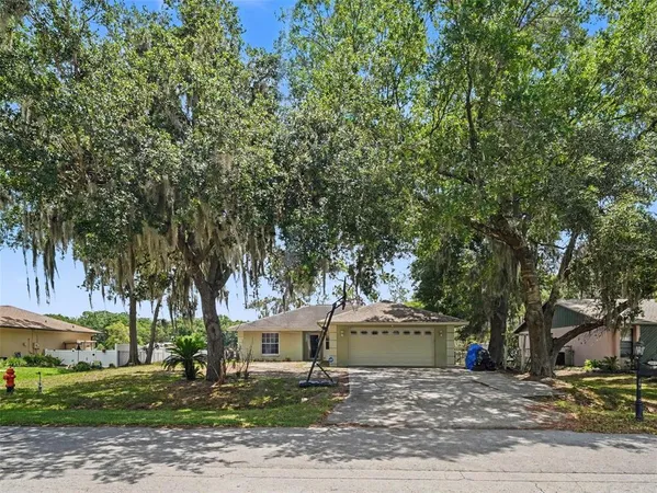 a view of a house with a yard and large trees