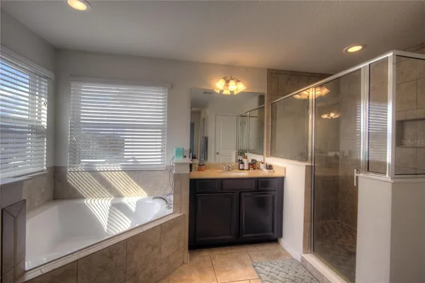 a bathroom with a tub sink and mirror