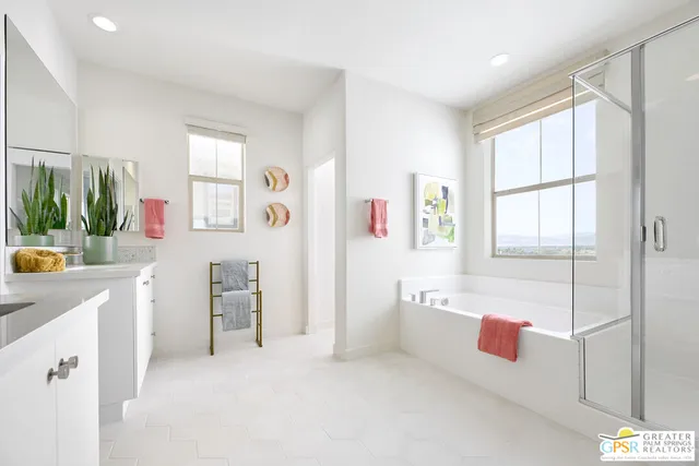 a dining room with furniture and garden view