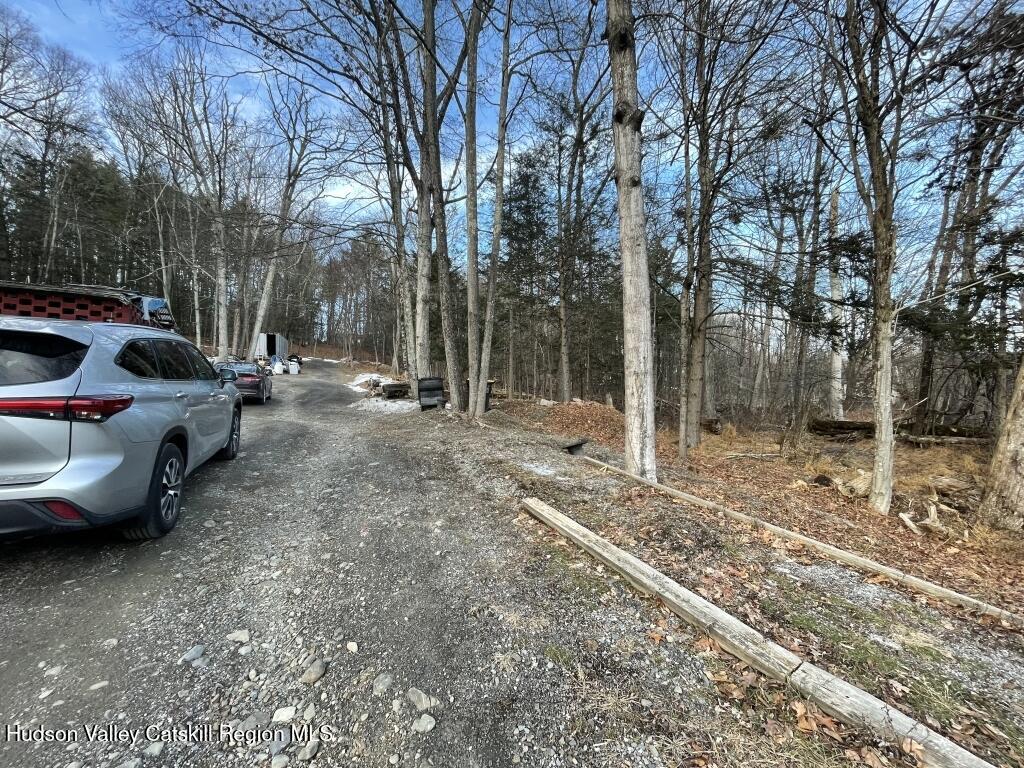 a view of a yard with car parked