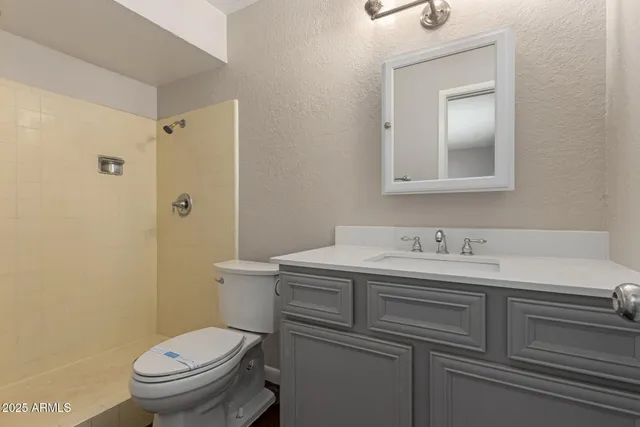 a bathroom with a toilet sink vanity and mirror