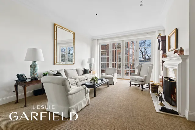 a living room with furniture a fireplace and a gate
