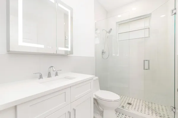 a bathroom with a sink a toilet and shower