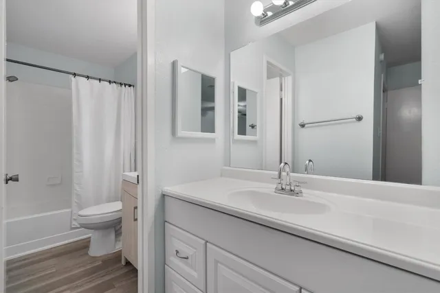 a bathroom with a sink a toilet a tub and shower