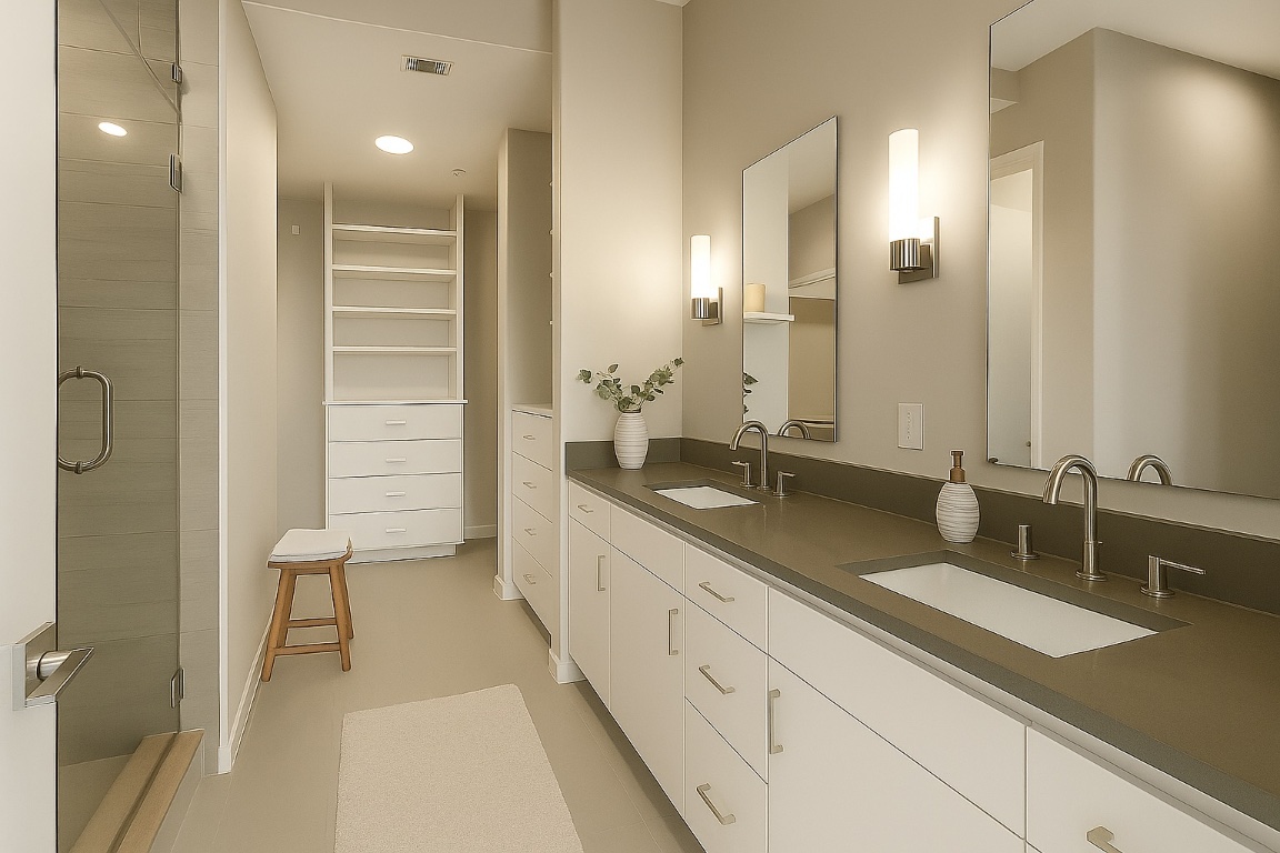 5921 Hiline Road, Unit 2403 Austin, TX 78734 - Photo 6 of 35 a bathroom with a double vanity sink a mirror and a shower