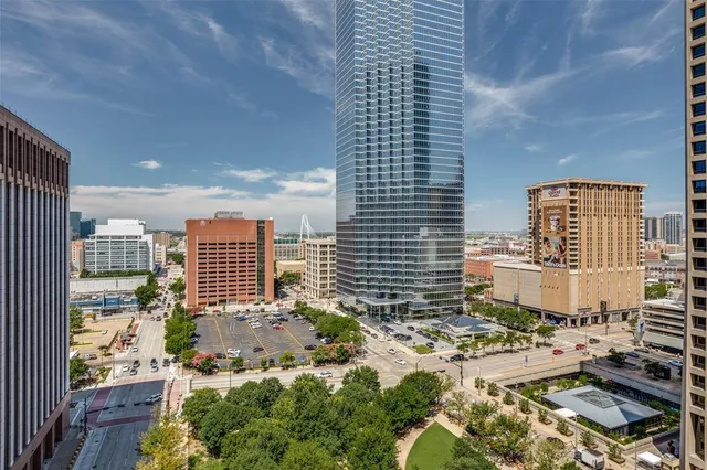 a city view with tall buildings