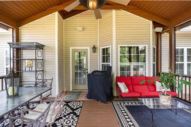 a building outdoor space with patio