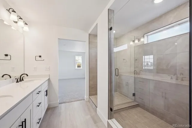a bathroom with a double vanity sink mirror and shower